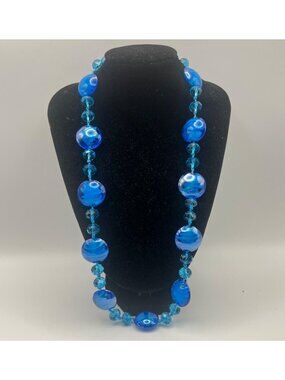 Artisan Blue Glass Bead Necklace Hand Knotted 20.5+2" Silver Tone Ocean Coastal